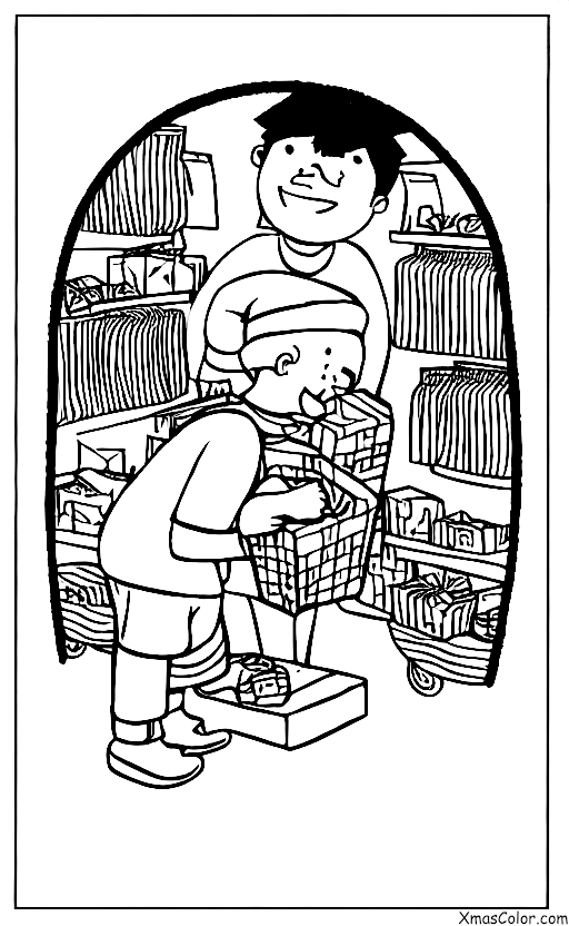 Noël / Achats de Noël: Un garçon qui fait les courses pour sa mère dans une boutique de cadeaux