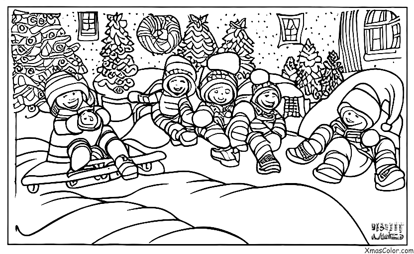 Noël / Activités de Noël en plein air: Glisser dans une colline enneigée