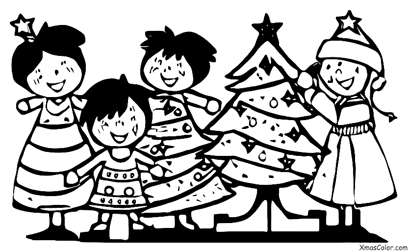 Noël / Amis: 5 amis décorant un sapin de Noël