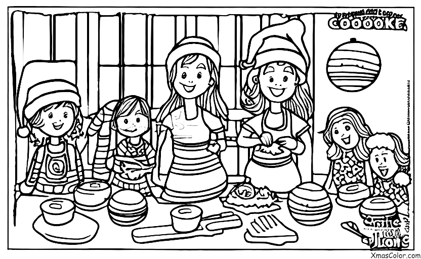 Noël / Amis: 6 amis qui préparent des biscuits de Noël