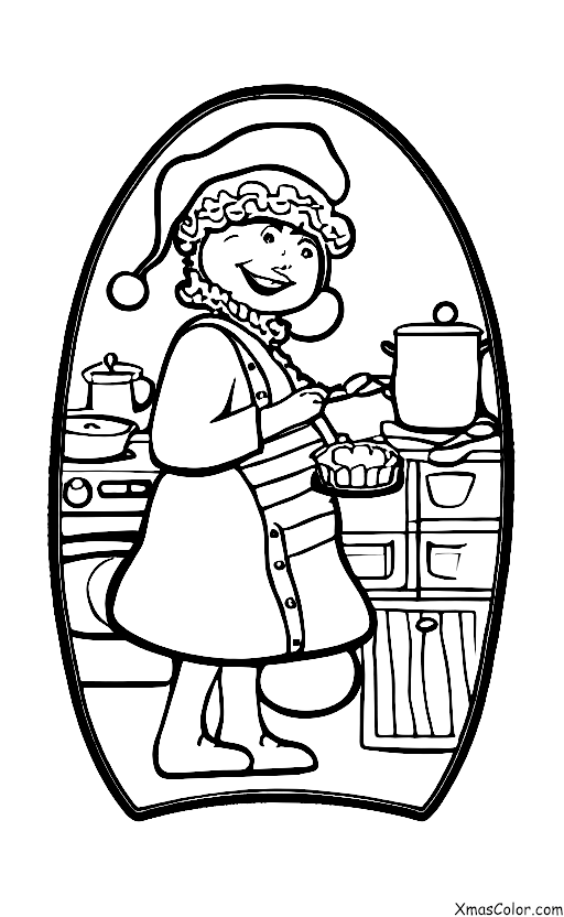 Noël / Bâtons de Noël: Madame Claus dans la cuisine en train de faire des biscuits