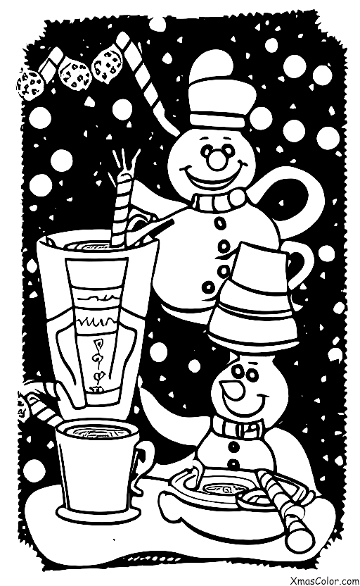 Noël / Bonhomme de neige pas gentil: Frosty qui profite d'une tasse de chocolat chaud