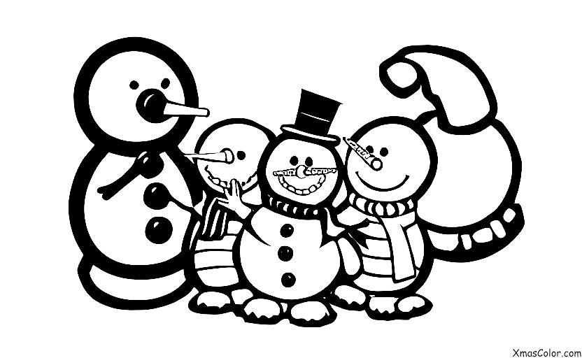 Noël / Bonhomme de neige: Un bonhomme de neige avec un nez en carotte entouré d'heureux enfants