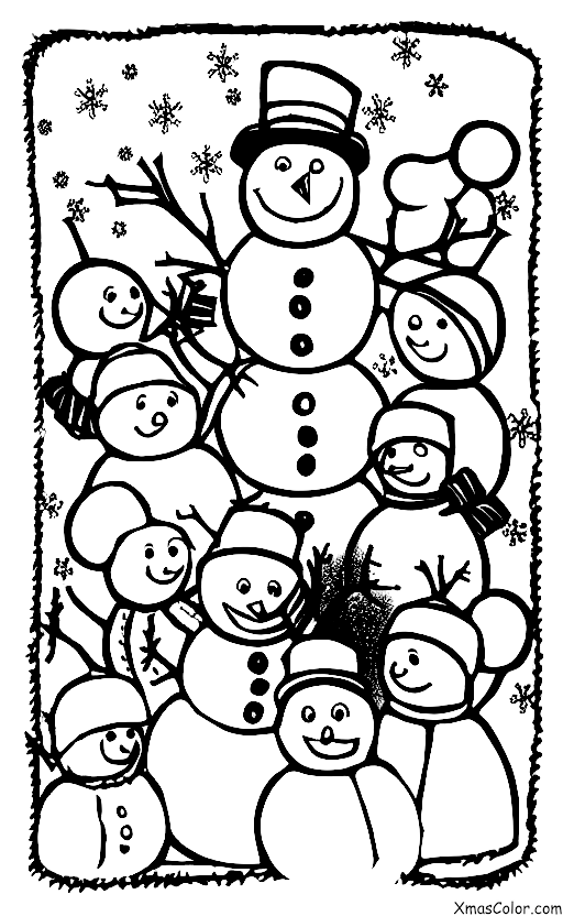 Noël / Bonhomme de neige: Un bonhomme de neige entouré d'enfants jouant dans la neige