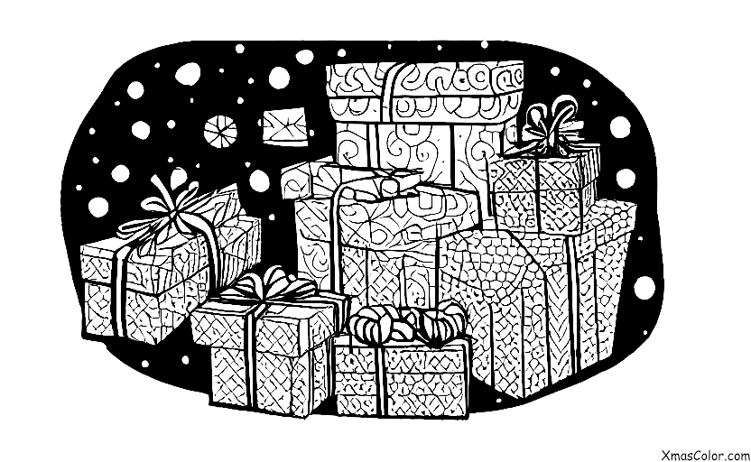Noël / Cadeaux de Noël: Un pile de cadeaux de différentes tailles et formes