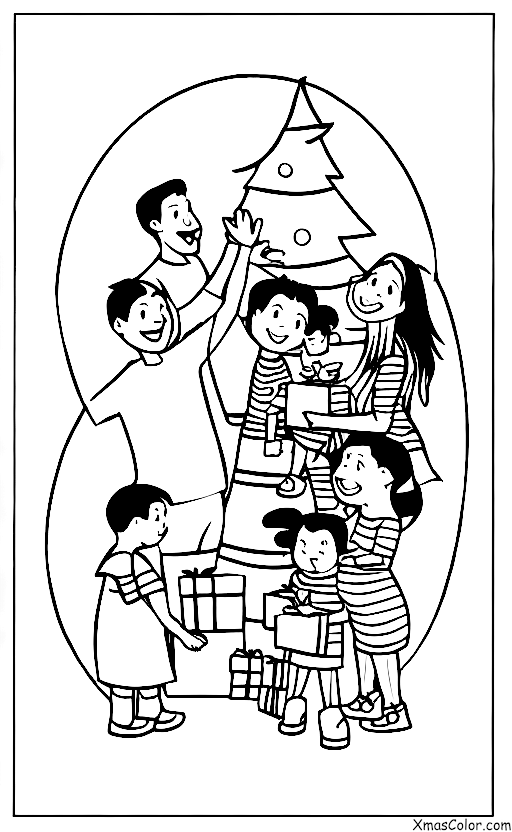 Noël / Cadeaux de Noël: Une famille ouvrant ensemble des cadeaux
