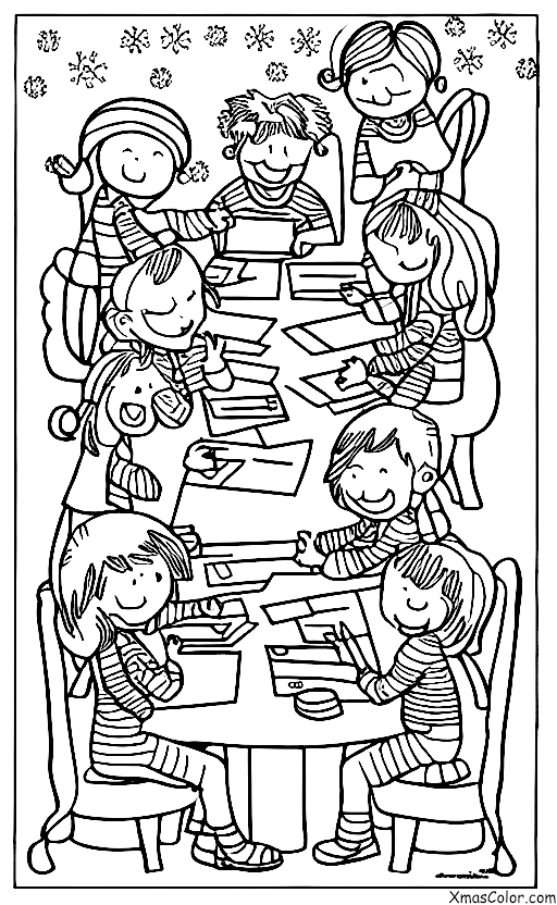 Noël / Cartes de Noël: Un groupe d'amis qui écrivent des cartes de vœux