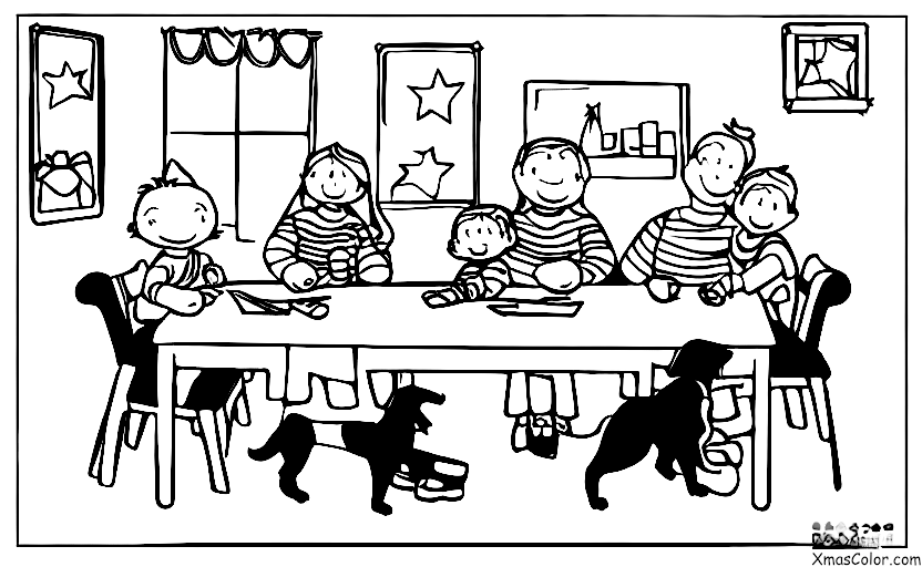 Noël / Cartes de Noël: Une famille de cinq assise autour de la table en train d'écrire des cartes de Noël