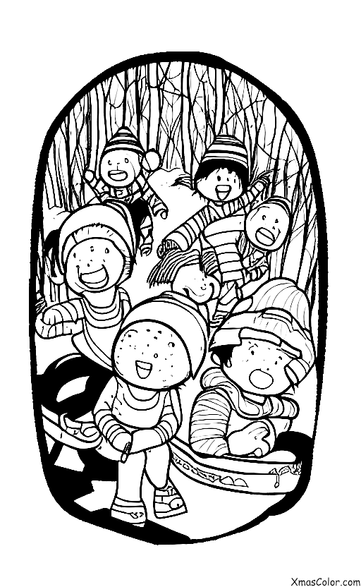 Noël / Casse-Noisette: Un groupe d'enfants qui font du toboggan sur une colline