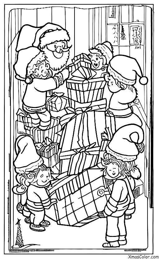 Noël / Ce que les gens font à Noël: Père Noël et ses lutins chargent le traîneau