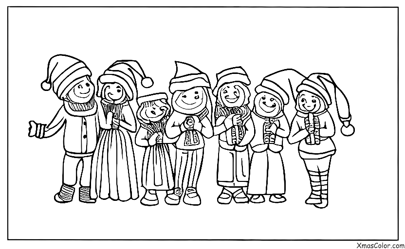Noël / Chanteurs de Noël: Chanteurs de Noël debout devant une porte