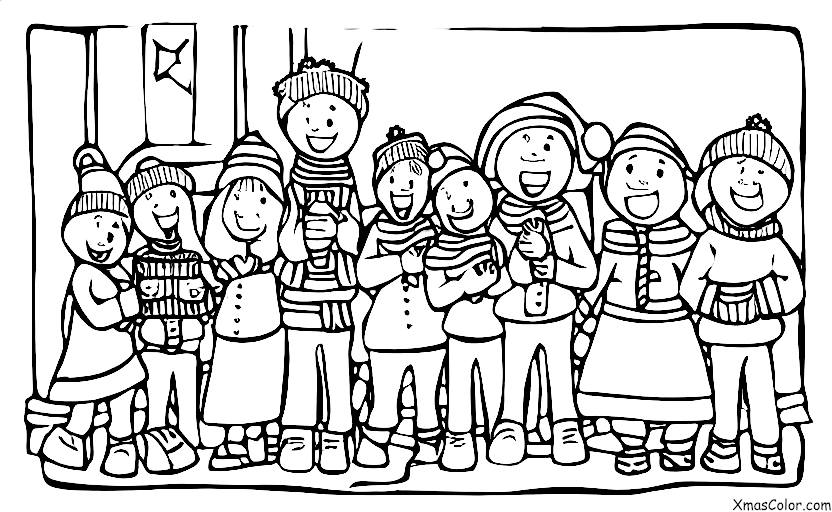 Noël / Chanteurs de Noël: Troubadours de Noël debout devant une cheminée