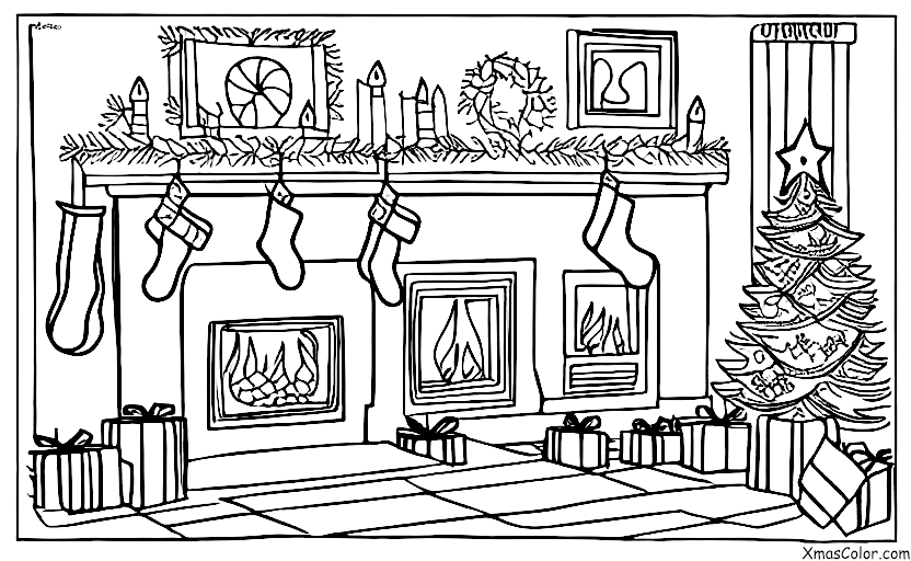 Noël / Cheminées: Une cheminée avec un sapin de Noël qui brûle