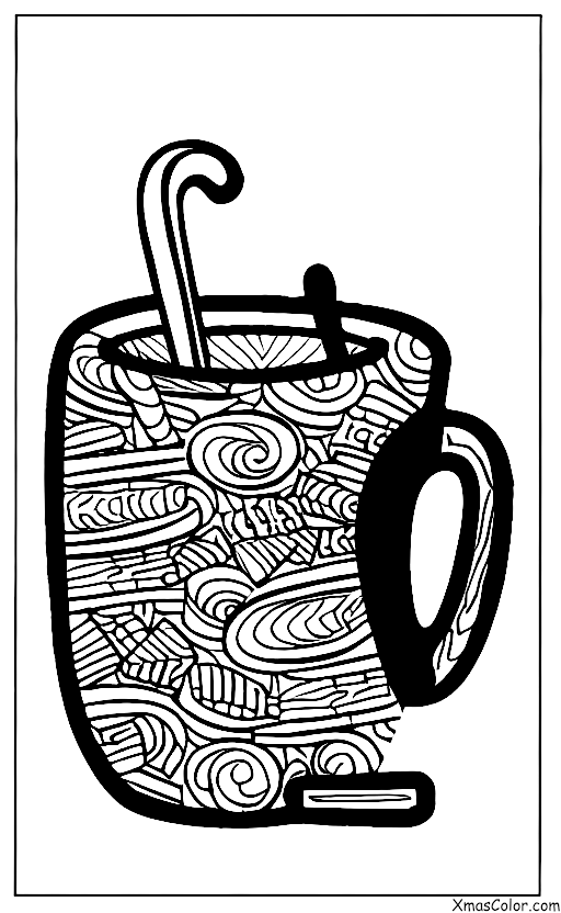 Noël / Chocolat chaud: Une tasse de chocolat chaud avec une canne à sucre