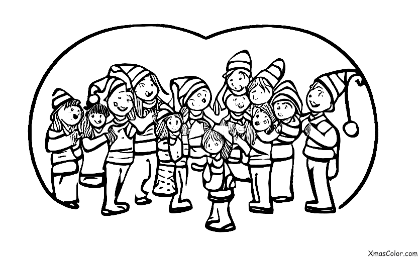 Noël / Choeur de Noël: Un groupe de personnes qui chantent des chants de Noël dans la neige