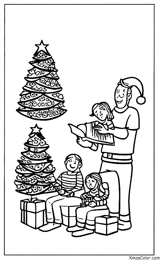 Noël / Choisir et couper un sapin de Noël: Une famille profitant de leur sapin de Noël décoré