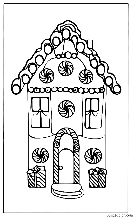Noël / Décoration de maisons en pain d'épices: Une maison en pain d'épice qui est décorée avec différents types de décorations et de bonbons