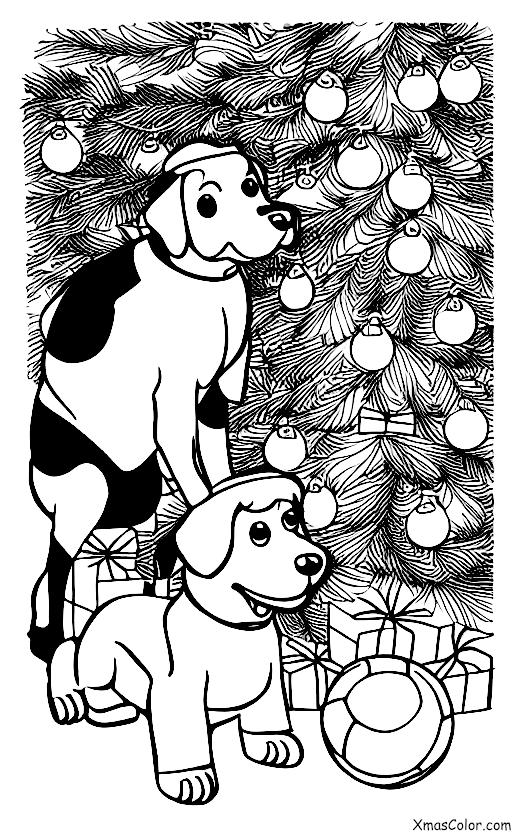 Noël / Décoration de Sapin de Noël: Un chien qui joue sous le sapin de Noël