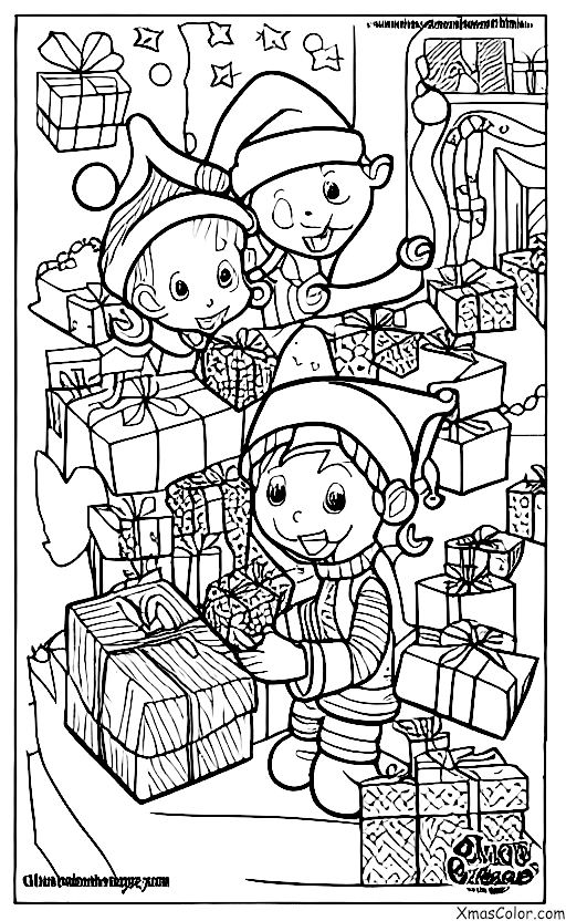 Noël / Elfe de Noël: Elfe de Noël en train d'emballer des cadeaux