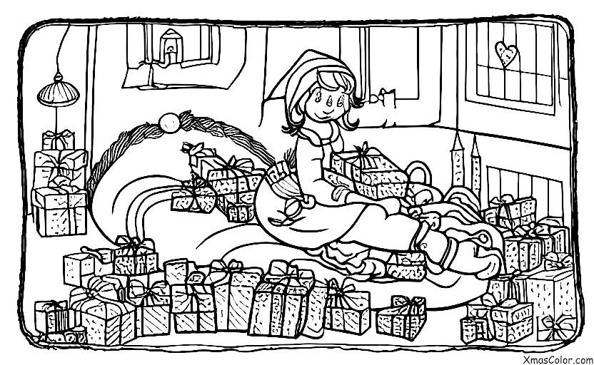 Noël / Elfe de Noël: Un elfe de Noël dort dans un lit de cadeaux