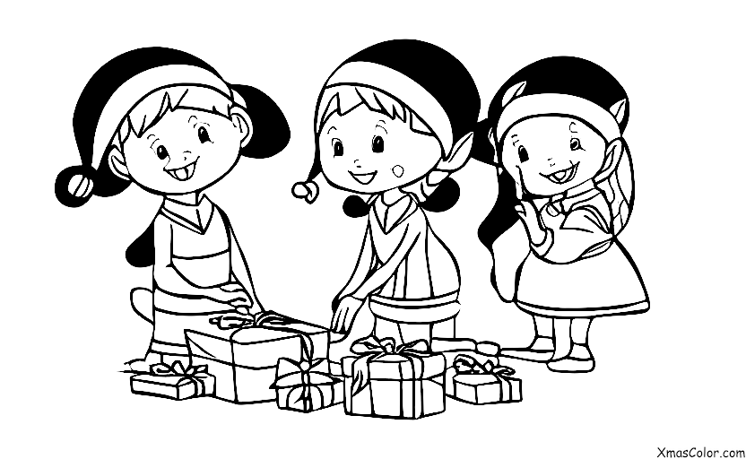 Noël / Emballage de cadeaux de Noël: les lutins enveloppant un cadeau de Noël