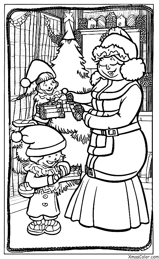 Noël / Emballage de cadeaux de Noël: Mme Claus wrap un présent de Noël