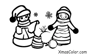 Noël / Enfants: Une fille construit un bonhomme de neige