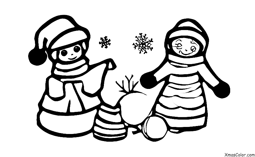 Noël / Enfants: Une fille construit un bonhomme de neige