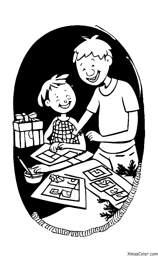 Noël / Envoyer des cartes de Noël: Un enfant qui aide un adulte à écrire une carte de Noël