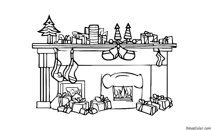 Noël / Esprit de Noël: Un gros plan d'une cheminée avec un feu allumé et des chaussettes pendues
