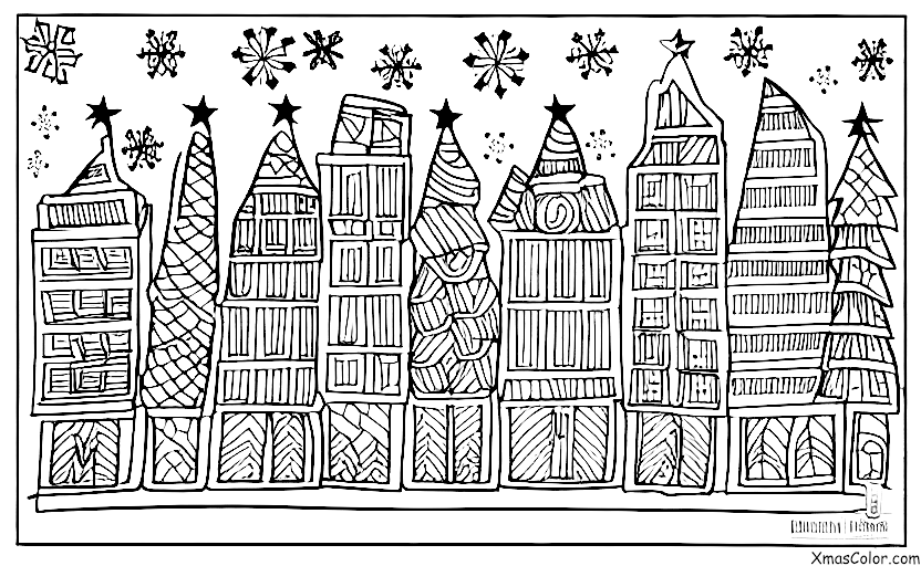 Noël / Flocons de neige: Un flocon de neige tombant sur un paysage urbain