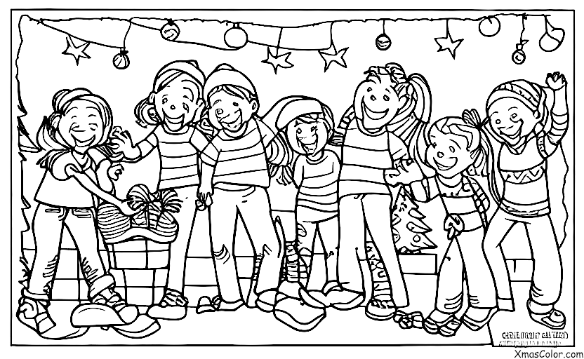 Noël / Installation de guirlandes de Noël: Un groupe d'amis accroche des guirlandes de Noël ensemble