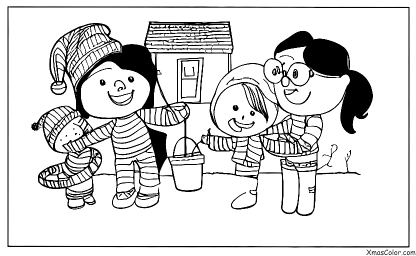 Noël / Je Serai à la Maison pour Noël: Une famille qui met des guirlandes dehors