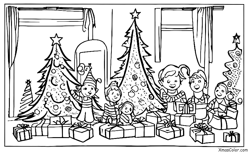 Noël / Joie au monde: Une famille ouvrant des cadeaux le matin de Noël