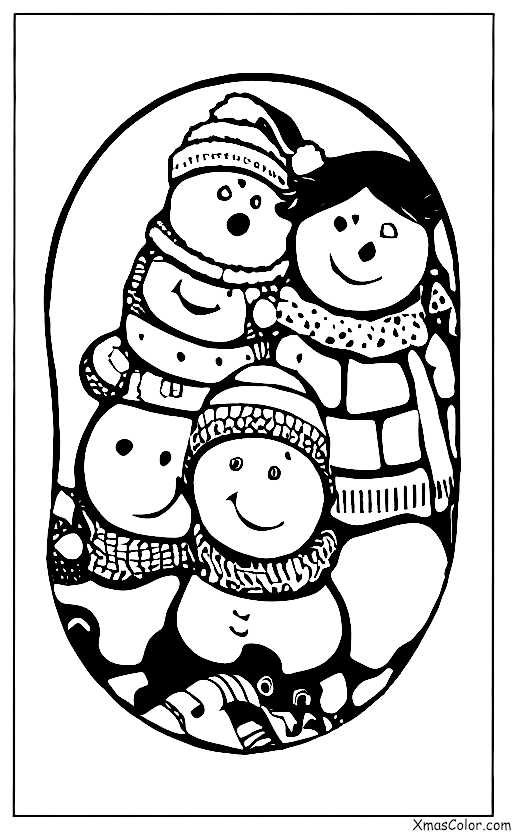 Noël / Joyeux Noël: Les enfants jouent dans la neige avec des toboggans et des bonhommes de neige