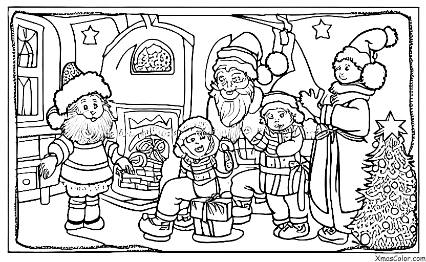 Noël / Joyeux vieux Saint Nicolas: Saint Nicolas joyeux et âgés descendant la cheminée