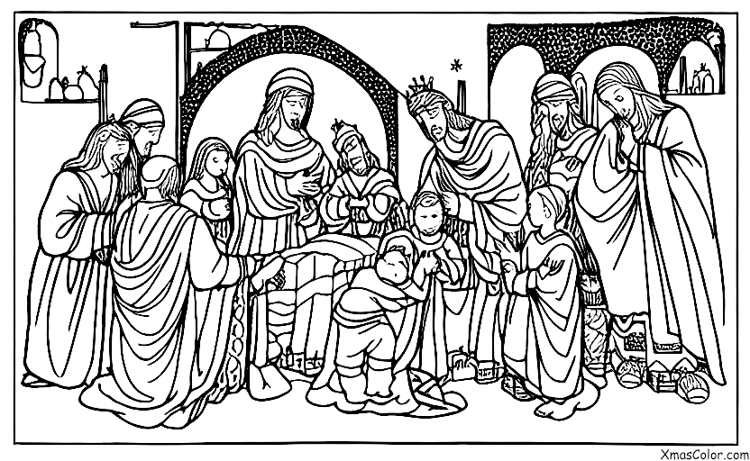 Noël / L'Épiphanie: Les Trois Rois présentant leurs cadeaux à l'enfant Jésus