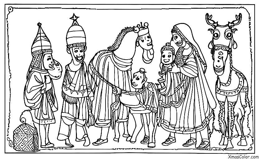 Noël / L'Épiphanie: Trois Rois sur leurs chameaux voyageant pour trouver le bébé Jésus