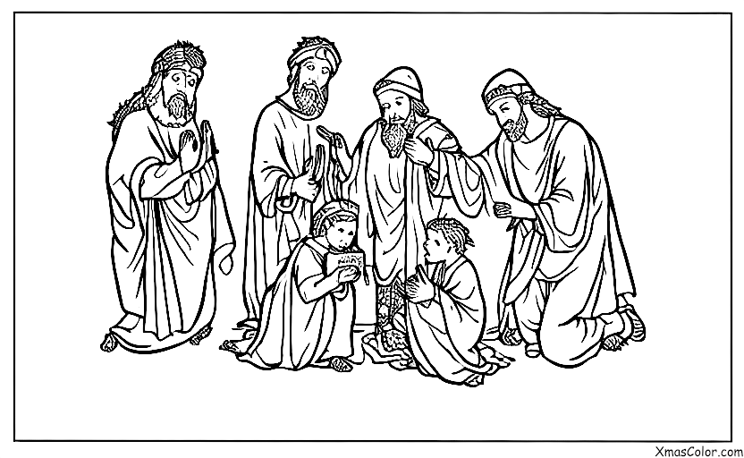Noël / L'Histoire de Noël: Les trois Rois Mages apportant leurs cadeaux à l'enfant Jésus