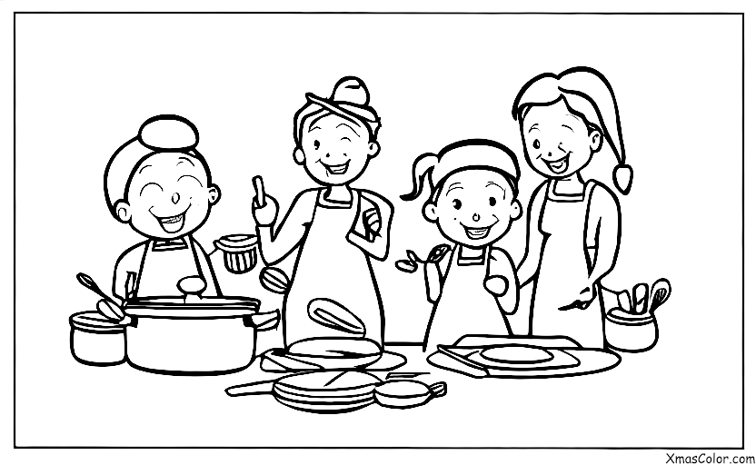 Noël / La famille: Une famille qui cuisine ensemble dans la cuisine