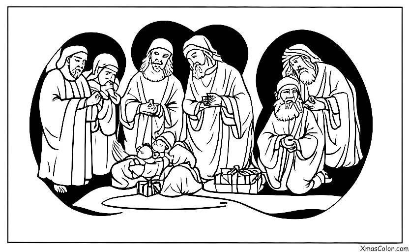 Noël / La naissance de Jésus: Les trois rois mages apportant des cadeaux à Jésus