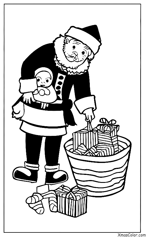 Noël / La Saint-Barbe: Saint-Nicolas livrant des bonbons dans une chaussure d'enfant