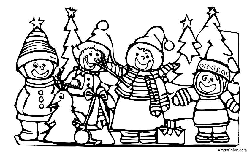 Noël / La Saint-Barbe: Un groupe d'enfants en train de construire un bonhomme de neige