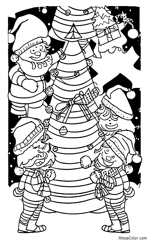 Noël / Les aides de Père Noël: Les elfes de Père Noël décorent le sapin de Noël