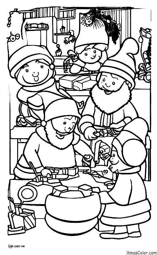 Noël / Les lutins de Noël: Coloriage des enfants des Elfes de Noël fabriquant des jouets dans l'atelier