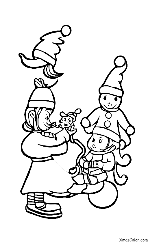 Noël / Les lutins de Noël: Page à colorier des enfants des elfes de Père Noël prenant soin des rennes