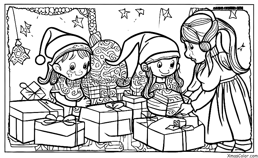 Noël / Les lutins: Un lutin enveloppant un cadeau