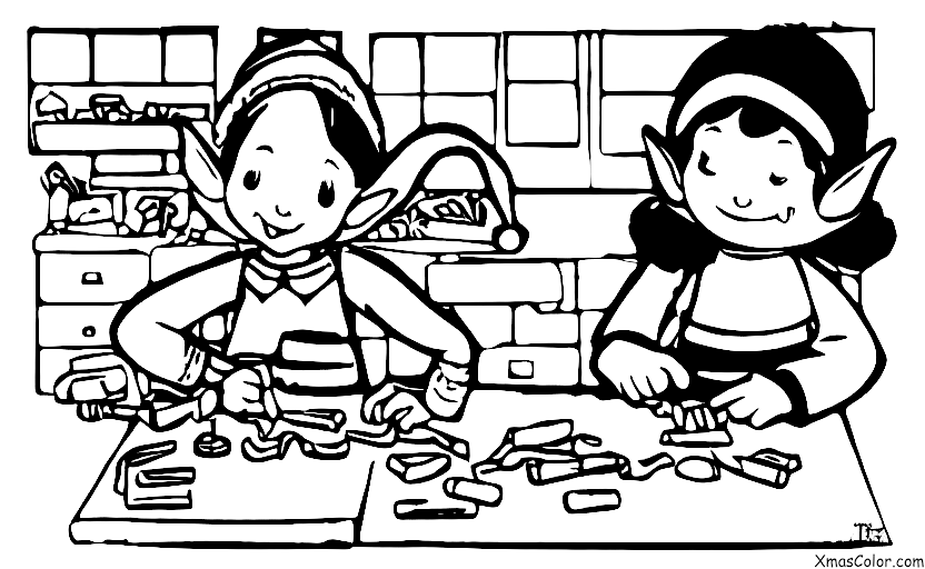 Noël / Les lutins: Un lutin fabriquant un jouet dans l'atelier du père Noël