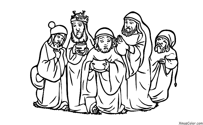 Noël / Les Rois Mages: Les trois rois mages présentant leurs cadeaux à Jésus