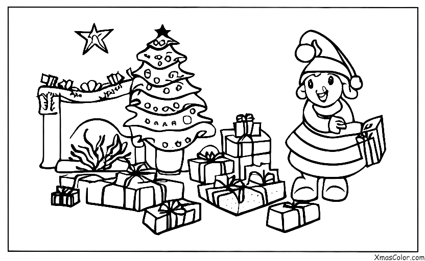 Noël / Livres de Noël: Un enfant qui lit un livre de Noël près de la cheminée